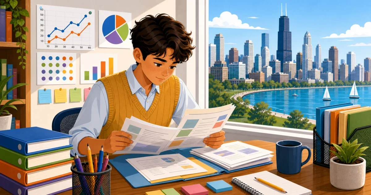 Flat illustration of a student studying at a desk with Chicago skyline in the background, ISEE test prep books and a pencil visible, bright professional color palette