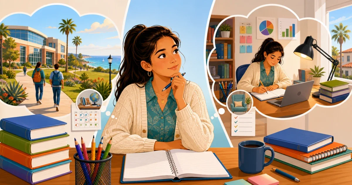 Flat illustration of a student studying math and writing at a desk with San Diego landmarks in the background, representing ISEE and SSAT test prep for Bishop's School admissions