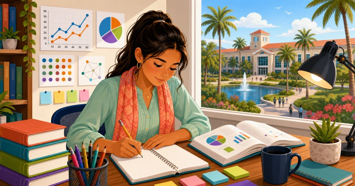 Flat illustration of a student writing at a desk with a pencil and essay paper, Tampa Bay skyline visible through a classroom window