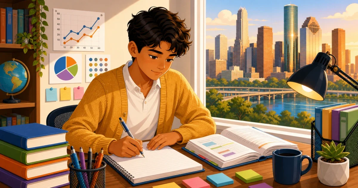Flat illustration of a student writing at a desk with Houston skyline and private school elements in the background