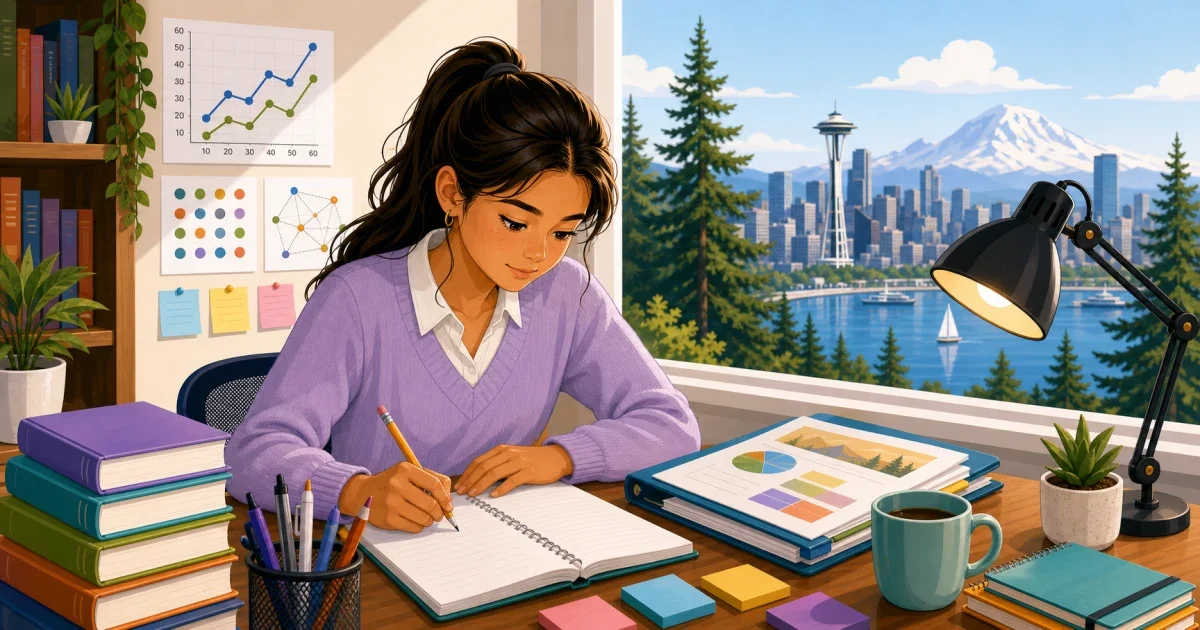 A middle school student writing a timed essay at a desk with a clock and open notebook, flat illustration style in blue and gold tones