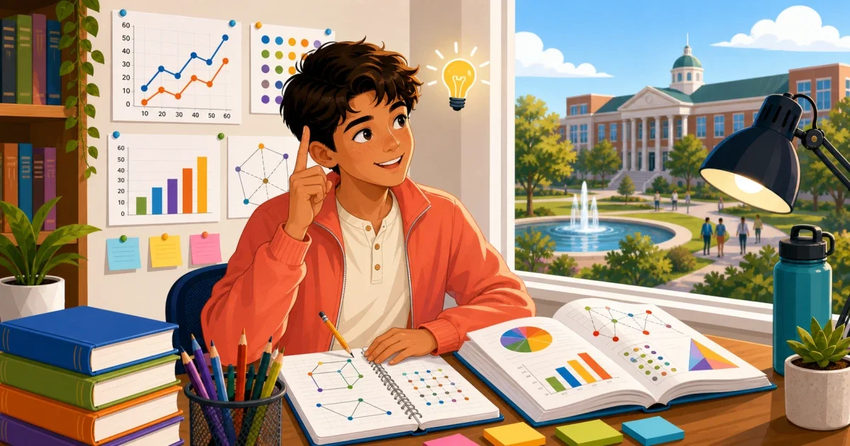 Flat illustration of a middle school student solving a multi-step math problem on a whiteboard with science diagrams in the background, representing LAUSD IHP critical thinking test prep