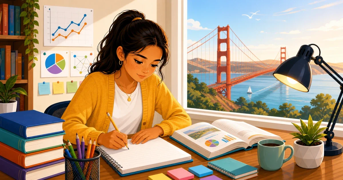 A middle school student writing a timed essay at a desk, with San Francisco-themed illustration elements in a flat, bright educational style