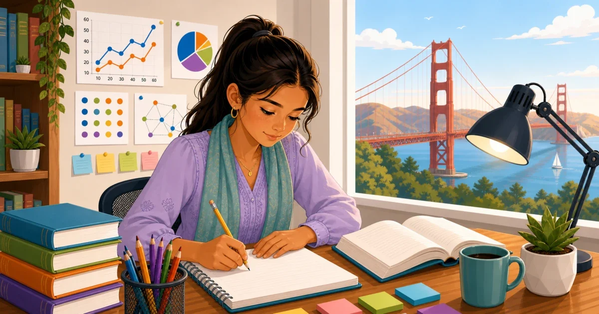 Flat illustration of a student writing an essay at a desk with San Francisco skyline in the background, bright teal and gold color palette