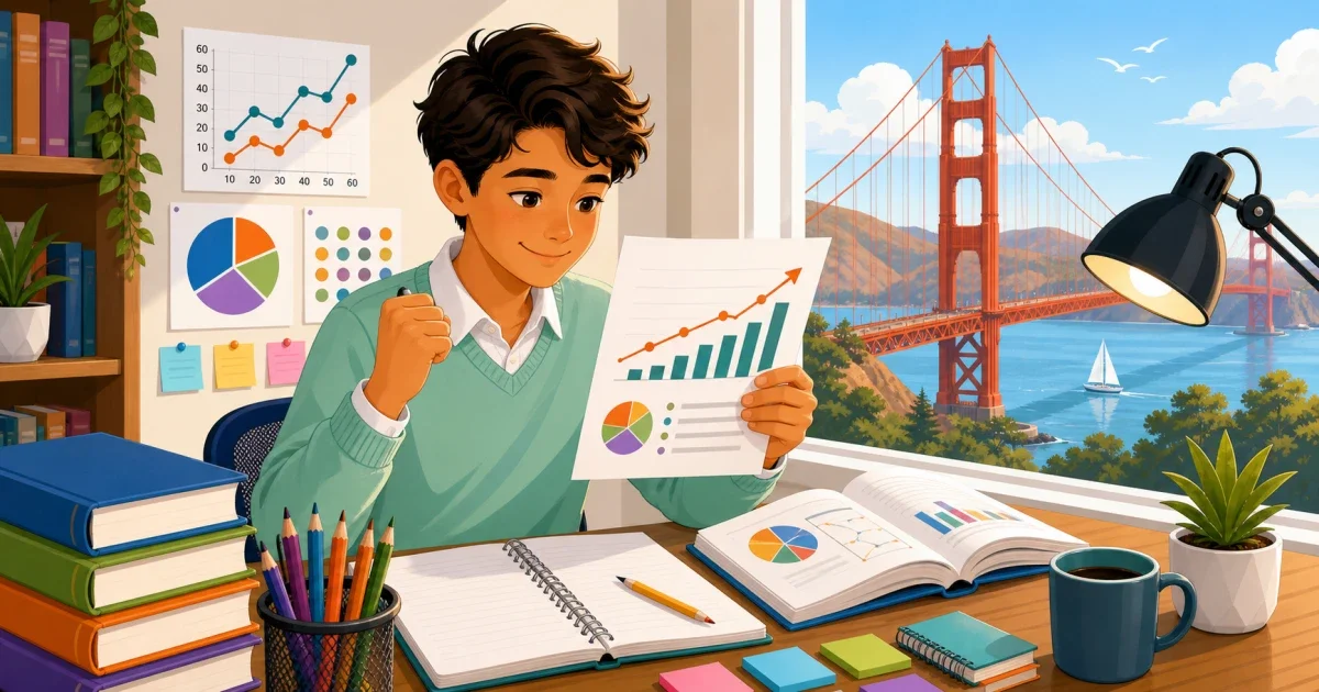Flat illustration of a focused 8th grade student taking a computer-adaptive math test, with the San Francisco skyline visible through a classroom window