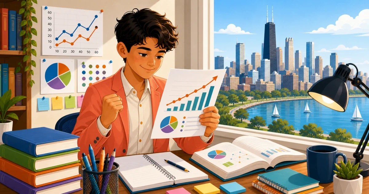 Flat illustration of an 8th grade student studying at a desk with math and reasoning symbols, representing HSPT prep for Loyola Academy admissions