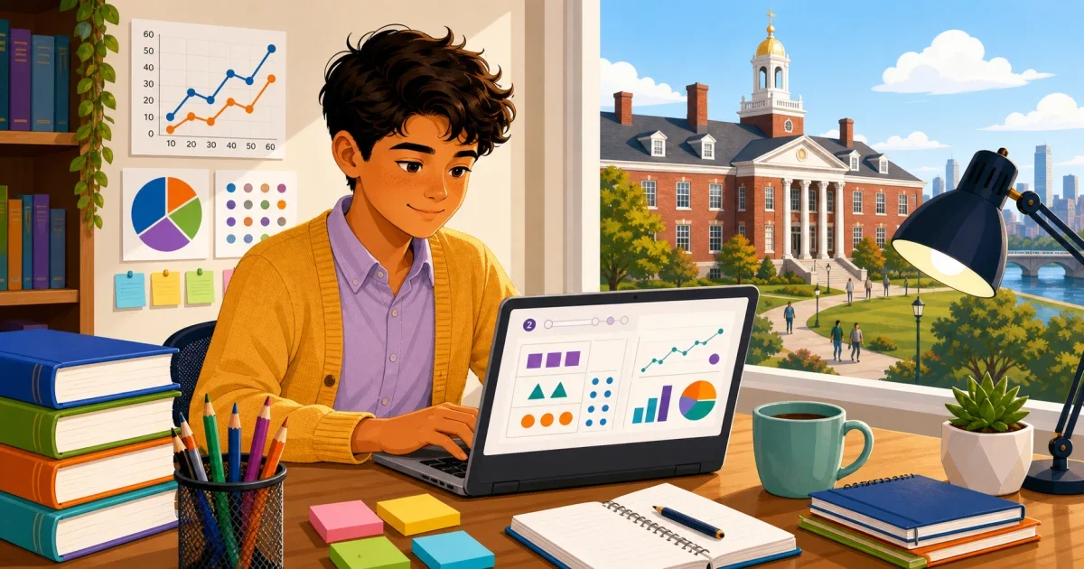 Flat illustration of a student working on a computer-adaptive math test with a Boston city skyline in the background