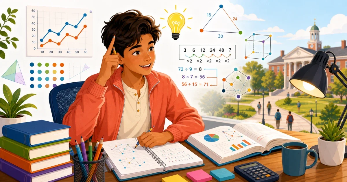 A focused 8th grade student working through adaptive math problems on a computer, with STEM diagrams and geometry figures visible on the screen, flat illustration style in blue and green tones