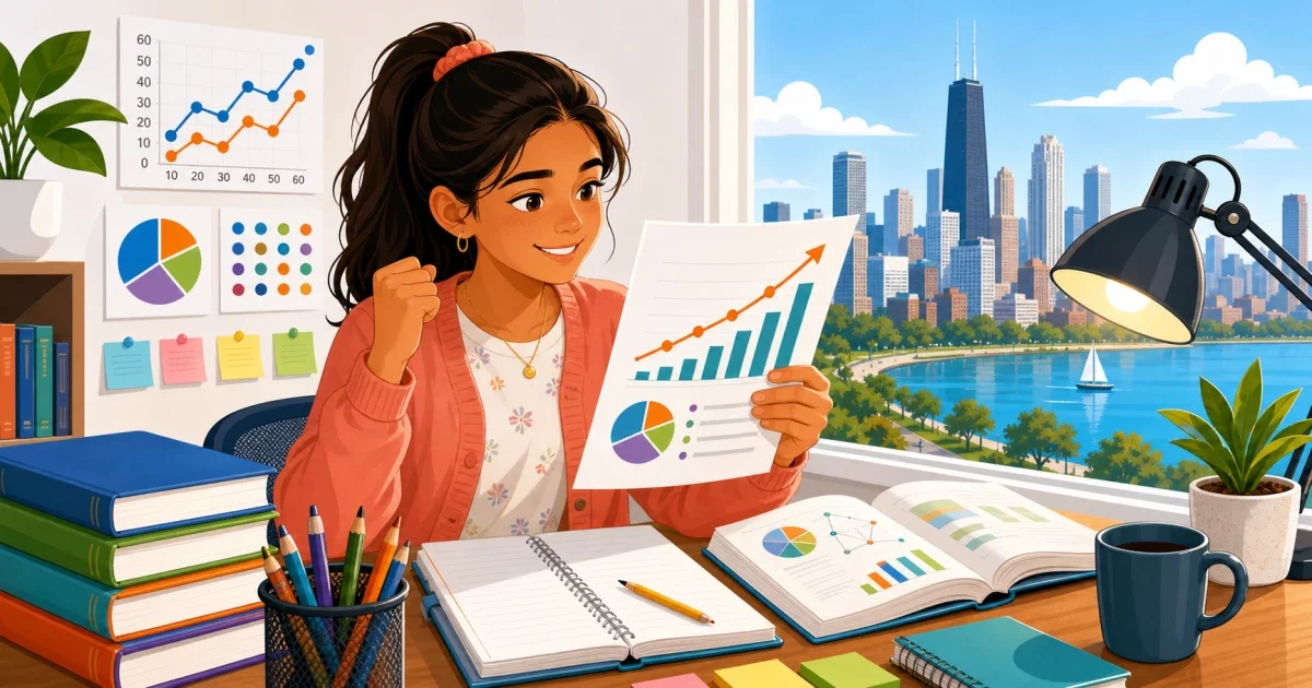 Flat illustration of an 8th-grade student reviewing a MAP test score report on a laptop, with math and reading icons, in bright blues and greens