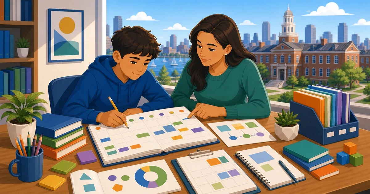 Flat illustration of a student sitting at a laptop taking a computer-adaptive MAP test, with a Boston cityscape and school building in the background