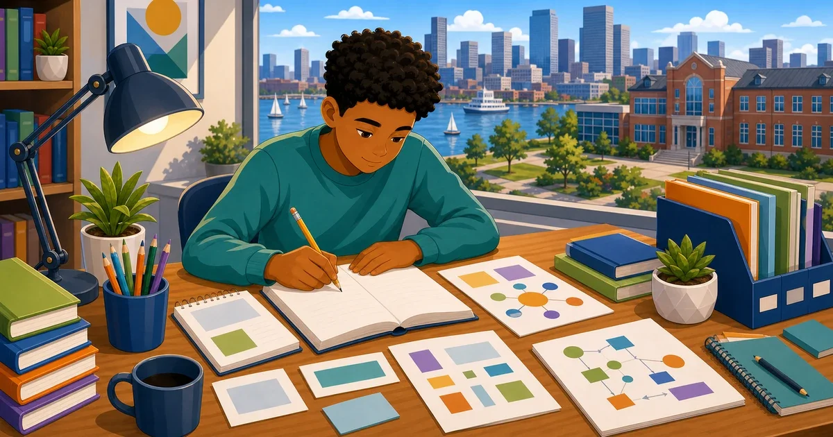 Flat illustration of a Baltimore middle school student writing an essay at a desk with a Maryland state outline and test paper in the background