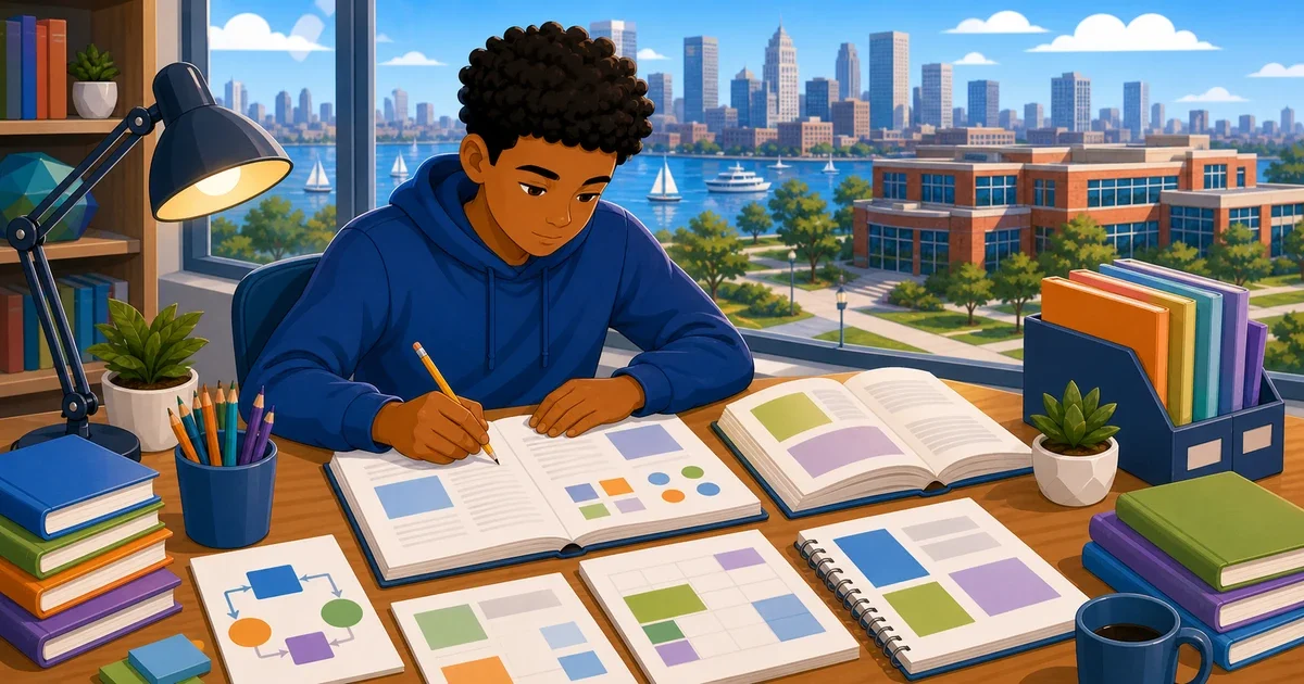 A focused middle-school girl writing an essay at a desk with Maryland state test prep materials, flat illustration style in teal and gold NOTE: Replace [PUBLISH DATE] with actual publish date before going live. Verify BCPS composite formula, 610 minimum score, and application dates against current B