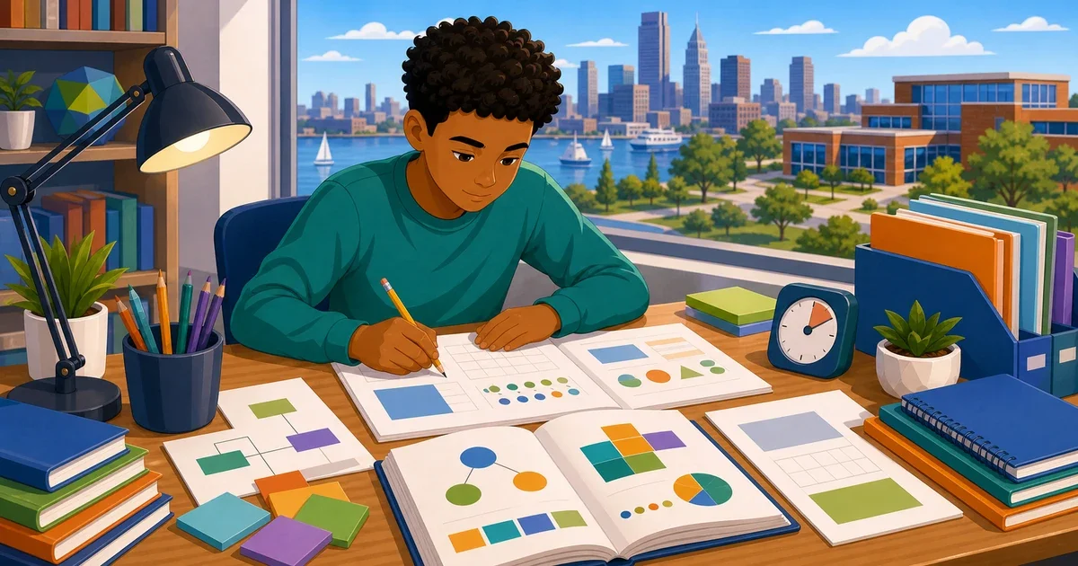 Flat illustration of a Baltimore middle school student studying math and reading at a desk, with Maryland state outline and STEM symbols in the background