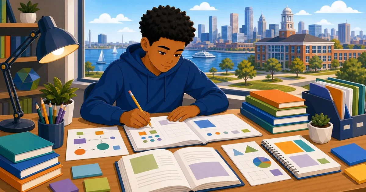 A focused 8th-grade student working on a laptop in a bright classroom with math and reading icons representing MCAP ELA and Math test prep for Baltimore City College admissions