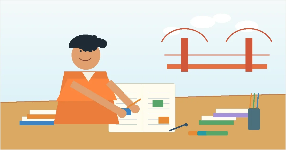 Flat illustration of an 8th-grade student writing an essay at a desk with a Bay Area skyline and STEM symbols in the background