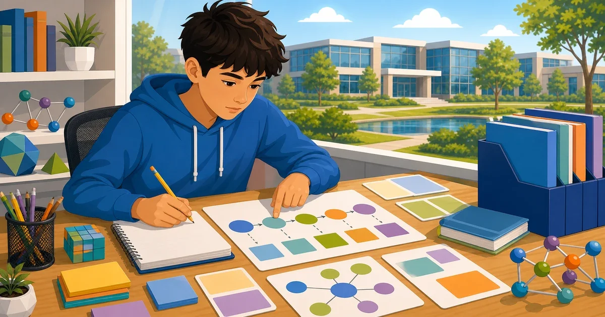 Flat illustration of a young student completing a cognitive reasoning assessment at a desk, with abstract geometric shapes and STEM symbols in the background, bright professional colors