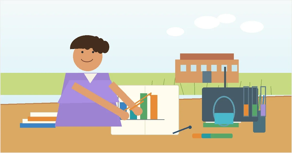 Flat illustration of a student writing at a desk surrounded by STEM icons and math symbols, representing NCSSM essay preparation