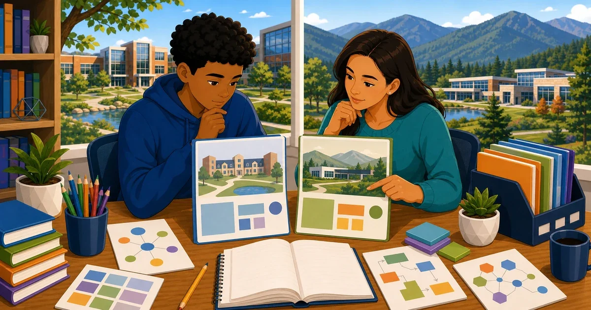 Flat illustration of two STEM students at separate campuses representing NCSSM Durham and NCSSM Morganton, with math and writing symbols