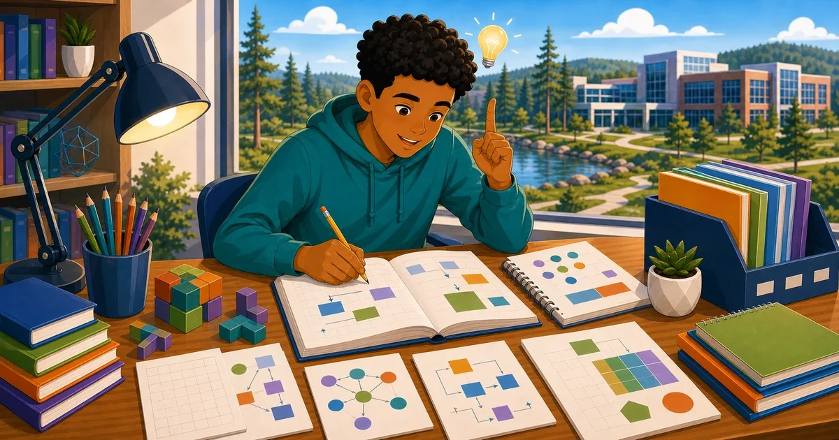 Student working through algebra problems on paper at a desk, preparing for the NCSSM Math Assessment on Discovery Day