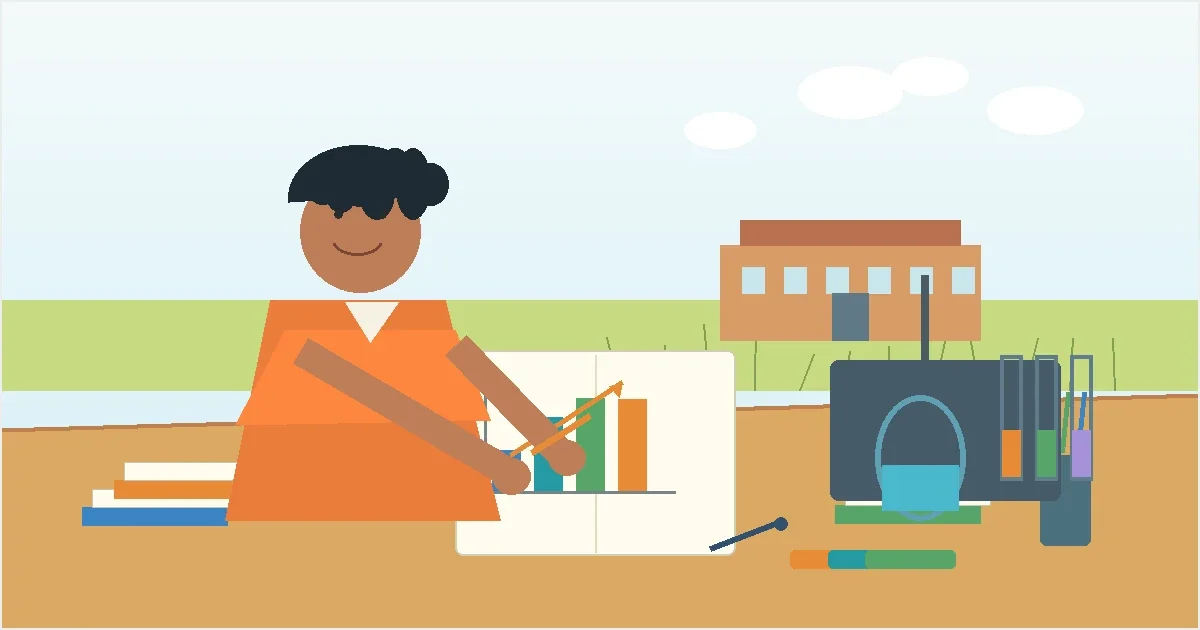 Flat illustration of a student working through algebra problems on paper at a desk with STEM materials, bright professional colors