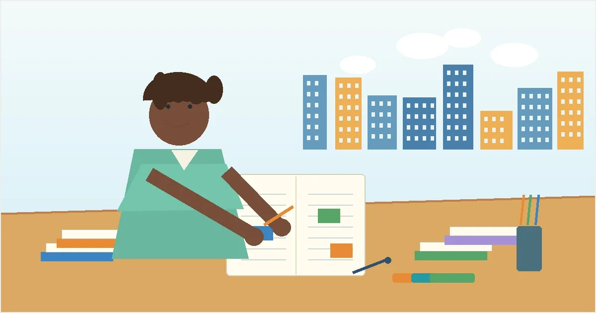 Flat illustration of a focused middle school student writing at a desk surrounded by science and math symbols, representing NEST+m admissions essay preparation