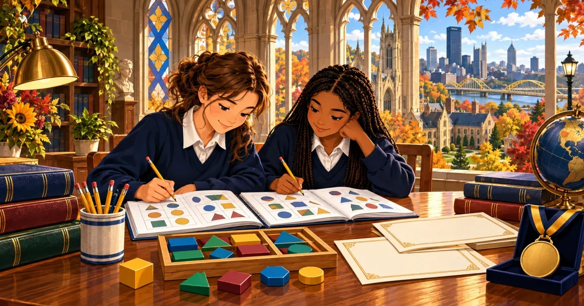 Eighth grade girl studying STEM critical thinking problems at a desk, preparing for the Oakland Catholic High School Scholarship Entrance Exam