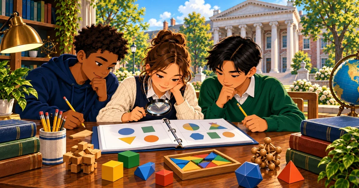Flat illustration of a student working through a logical reasoning puzzle at a desk, representing the Olmsted and City Honors Buffalo admissions test