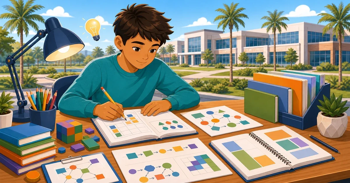 8th-grade student working through OLSAT abstract reasoning problems and a timed writing sample, representing Berkeley Prep Tampa admissions test prep