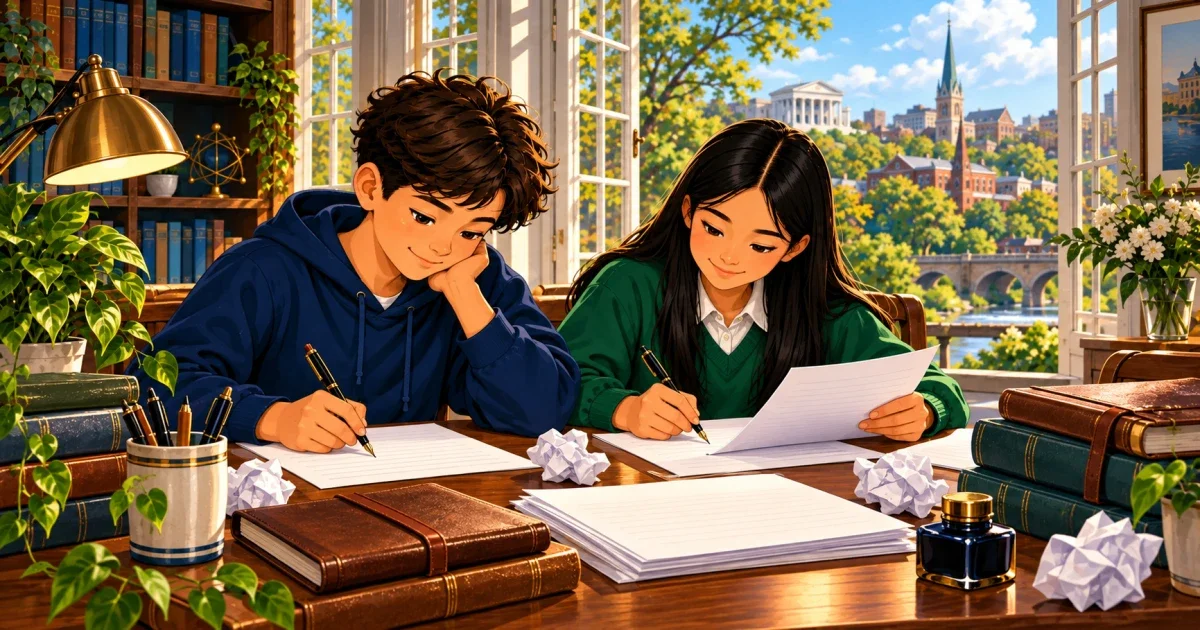 A middle school student writing at a desk in a bright open classroom, representing in-person essay preparation for Open High School admissions in Richmond VA