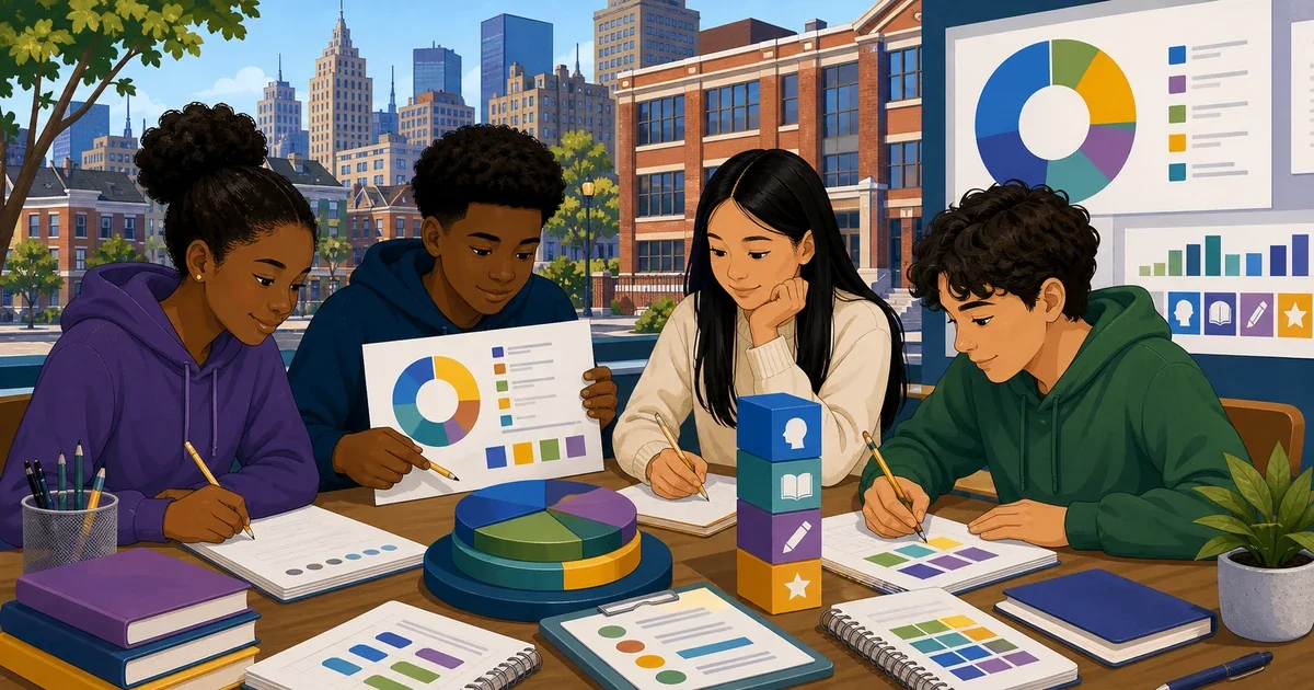 Flat illustration of a Baltimore middle school student studying STEM and writing at a desk, with a composite score chart in the background