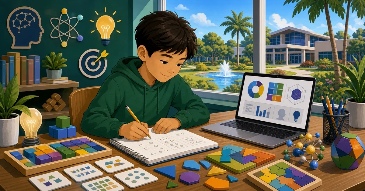 Flat illustration of a young student working through a multi-step STEM problem on paper, with a Florida school building and test score chart in the background, bright teal and gold color palette