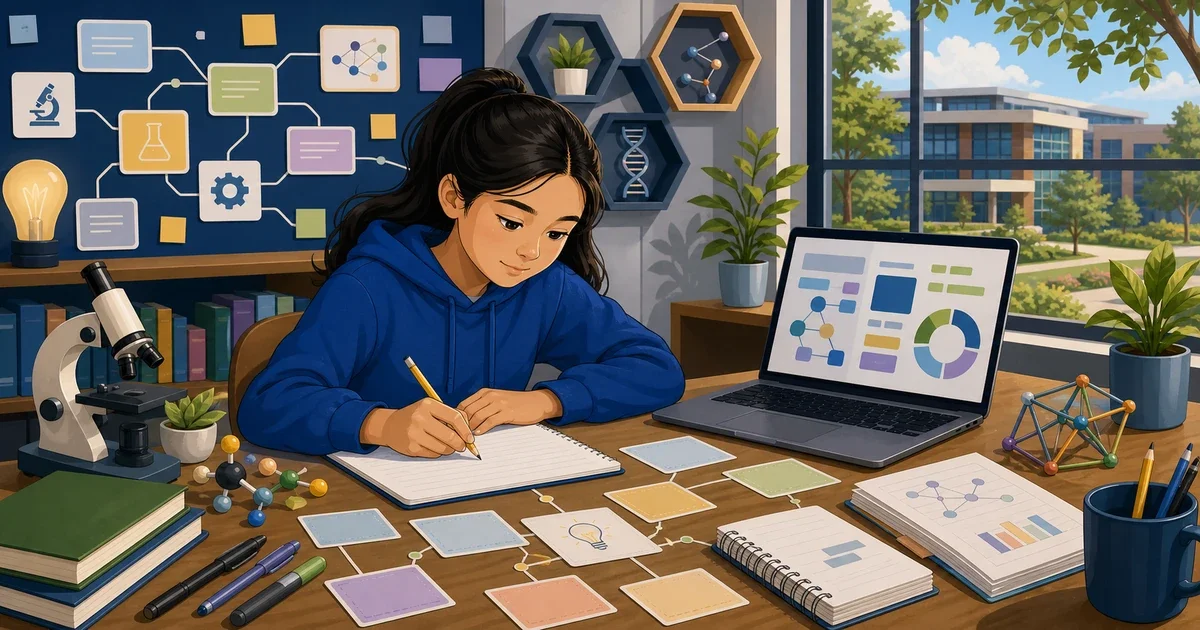 Flat illustration of a focused 8th-grade student writing at a desk with STEM symbols and a clock in the background, representing Poolesville SMCS magnet essay preparation