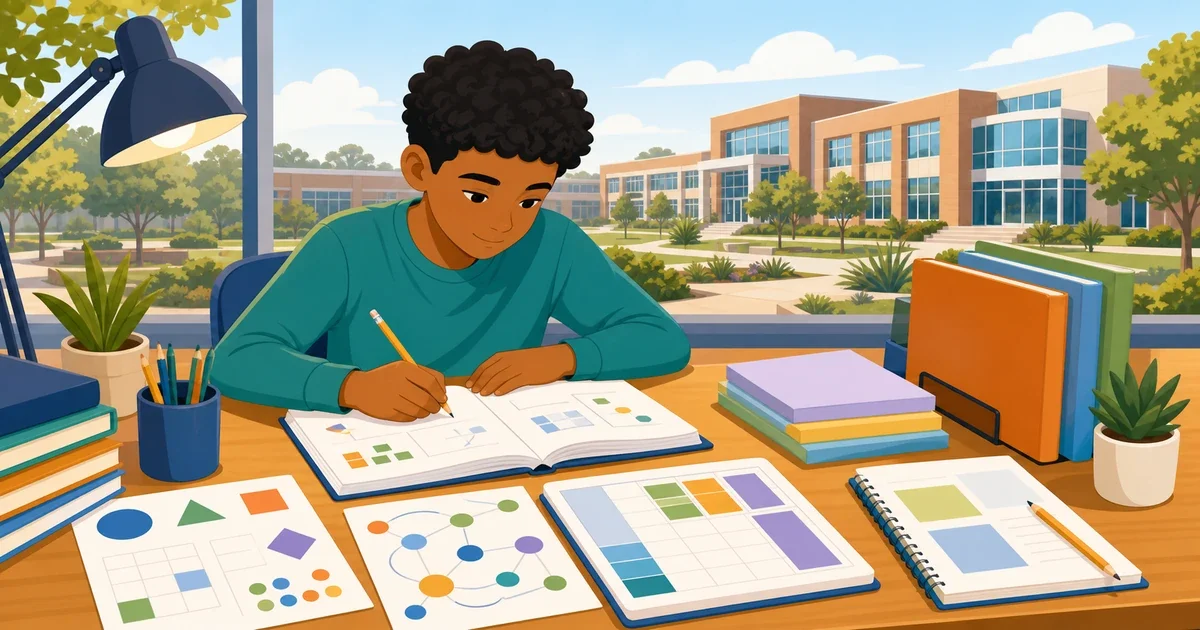 Flat illustration of a middle school student working on a digital test on a laptop, with science and math icons in the background representing ARMS magnet school PSAT prep