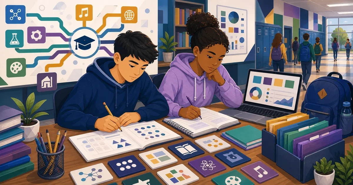 Flat illustration of a focused 8th-grade student working on a digital PSAT practice test on a tablet, with STEM symbols like a circuit board and math equations in the background, in bright blue and green tones