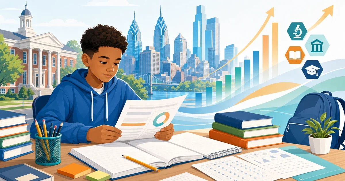A Philadelphia middle school student studying math and reading at a desk, preparing for the PSSA to meet Central High School's 80th-percentile admissions requirement