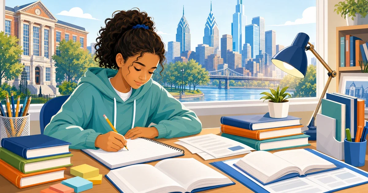 Flat illustration of a student writing an essay at a desk with Philadelphia row houses visible through a classroom window, bright teal and gold color palette