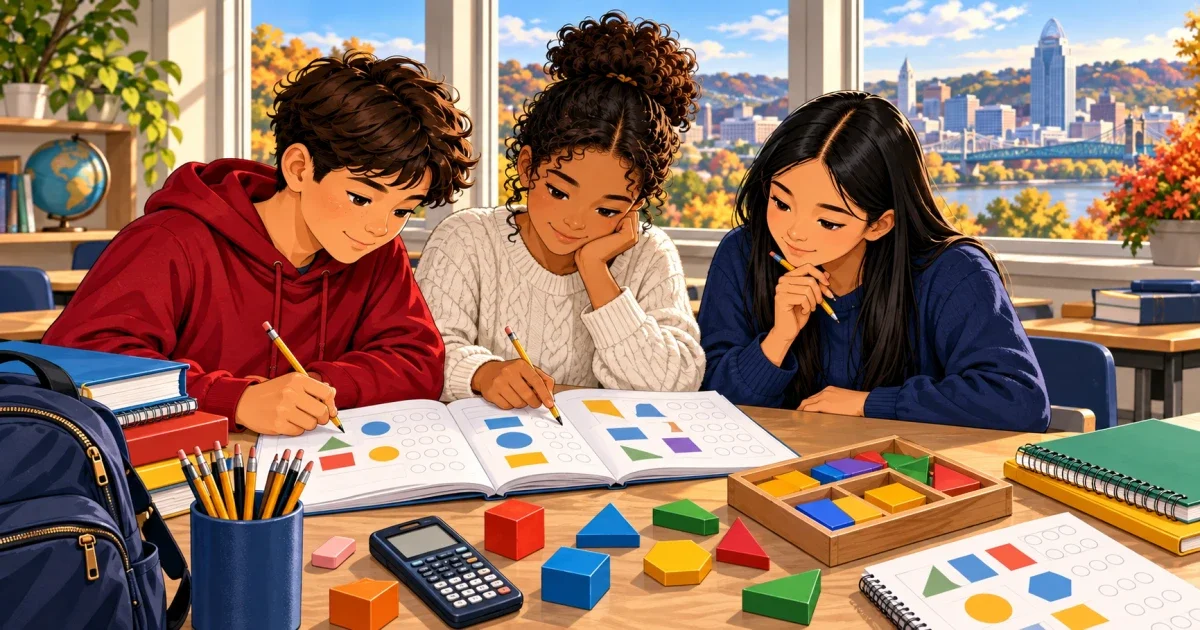 Flat illustration of a Cincinnati 8th grader studying at a desk with math notes and a test booklet, representing Purcell Marian HSPT preparation