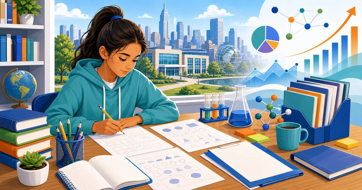 Flat illustration of a student solving multi-step math problems on a digital tablet, with Queens borough skyline in the background and science lab icons nearby