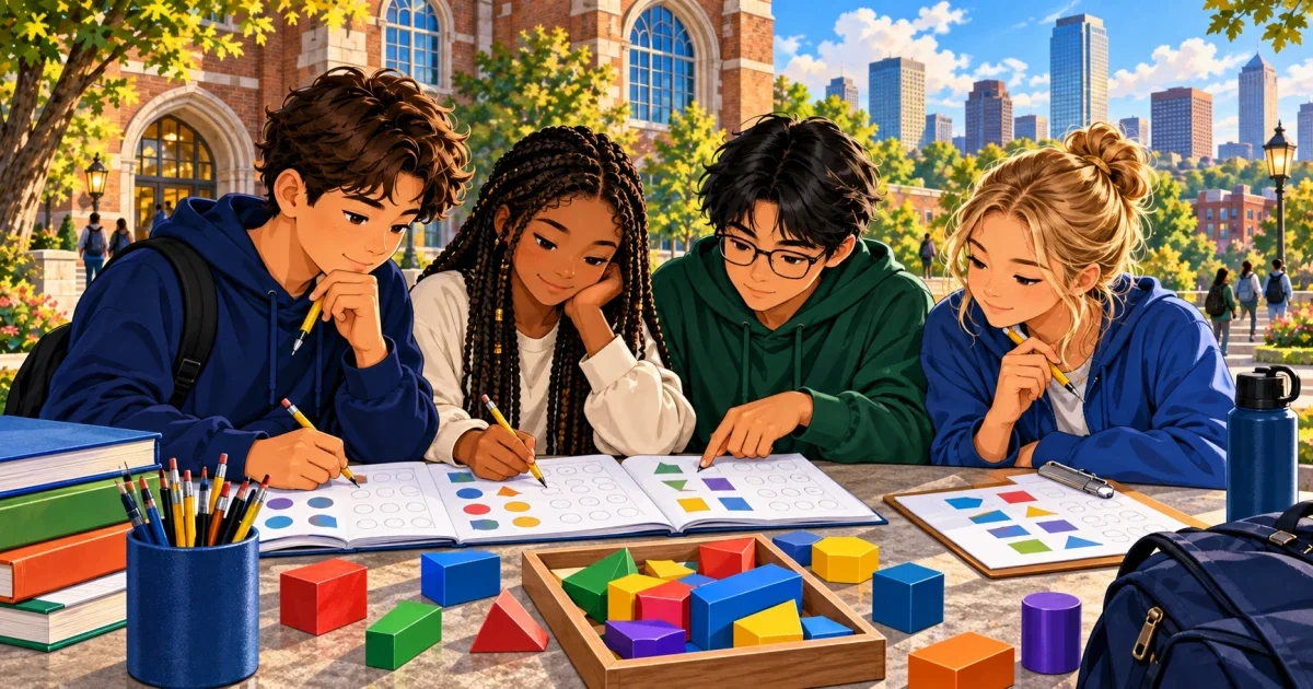 Flat illustration of a middle school student studying STEM materials at a desk, with an IB emblem and Birmingham skyline in the background