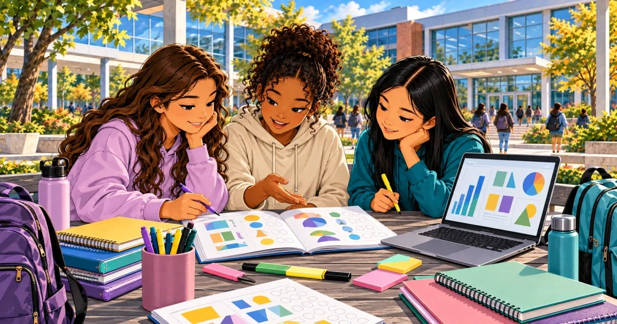 Flat illustration of a young woman studying STEM materials at a desk with Dallas city skyline in background, bright teal and gold color palette