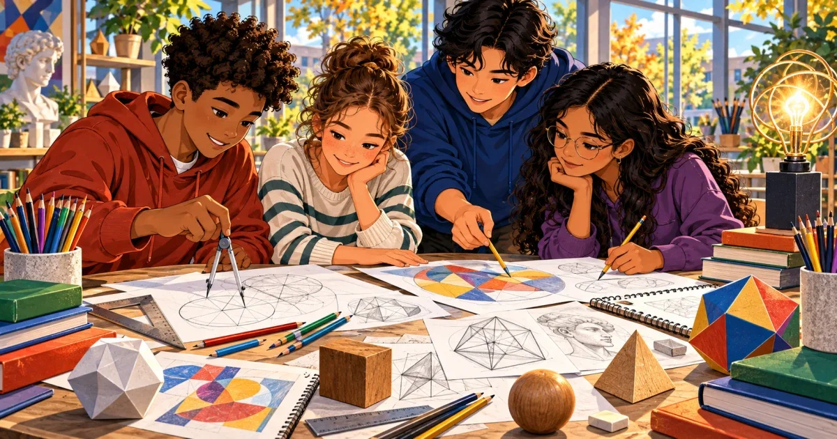 Student solving a logic and pattern recognition problem at a desk, with Richmond Community High School STEM-themed elements in the background