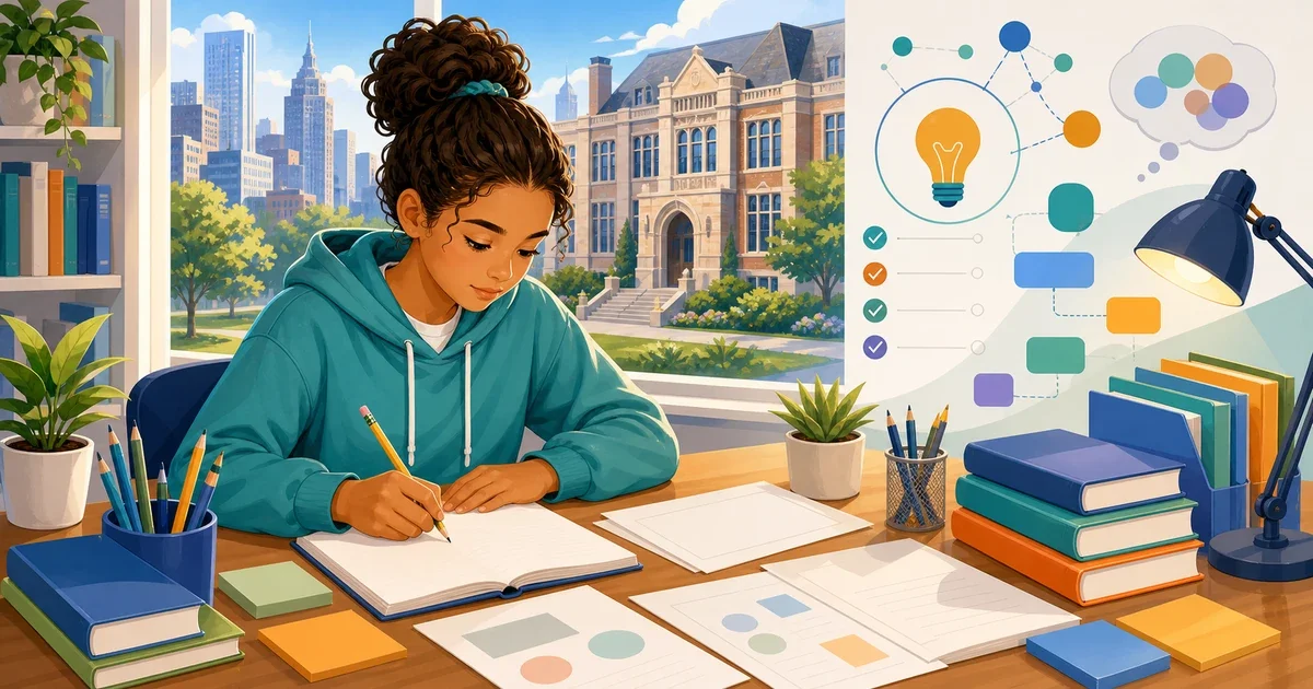 A focused 8th-grade student writing at a desk with a Jesuit school pennant and HSPT prep materials in the background, flat illustration style