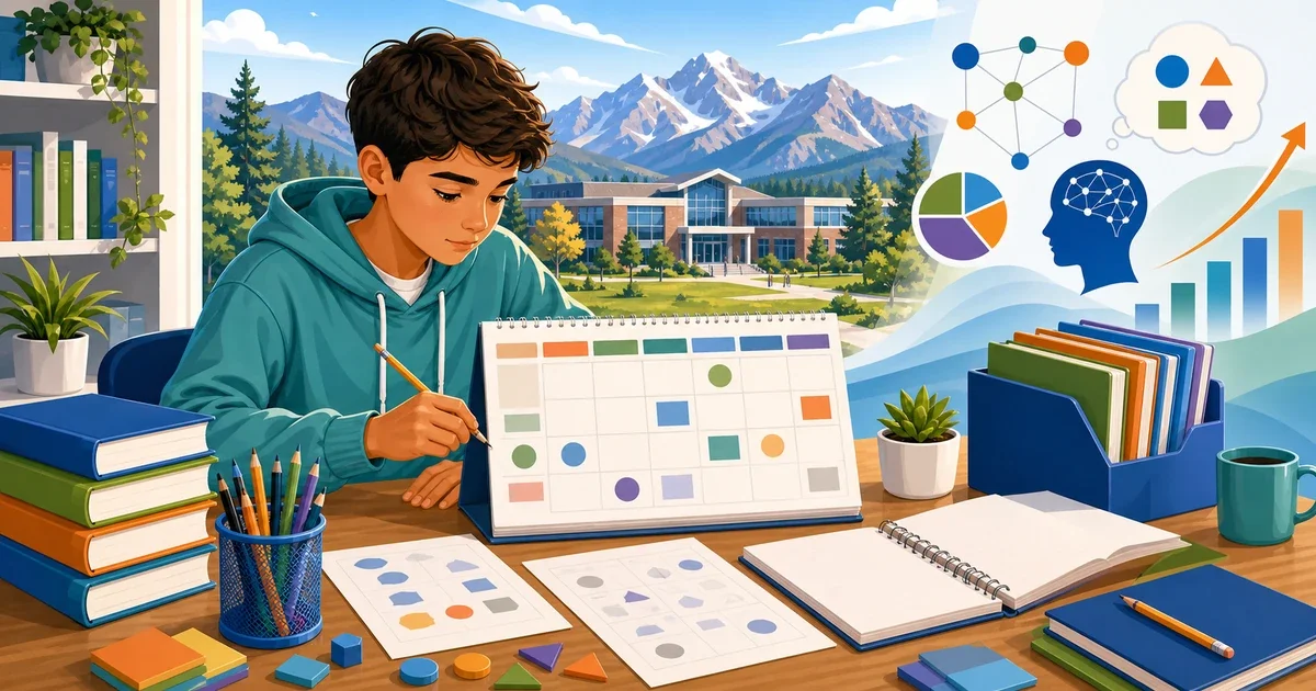 Flat illustration of an 8th-grade student studying at a desk with a calendar showing December, math and reading icons surrounding them, in Regis Jesuit purple and gold colors