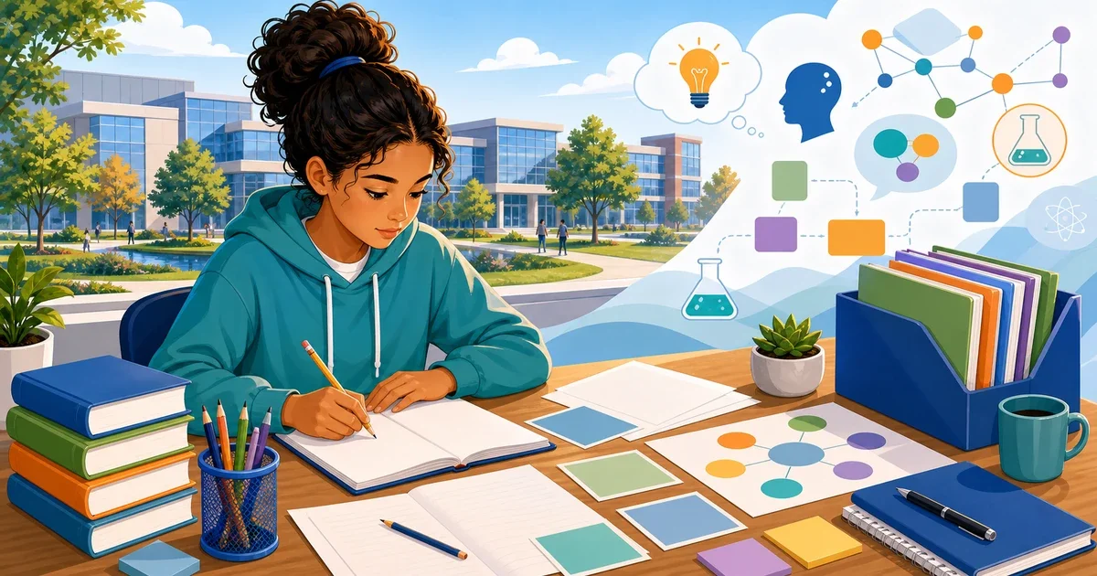 Flat illustration of a middle school student writing at a desk surrounded by science and math symbols, representing RMSST magnet school essay preparation
