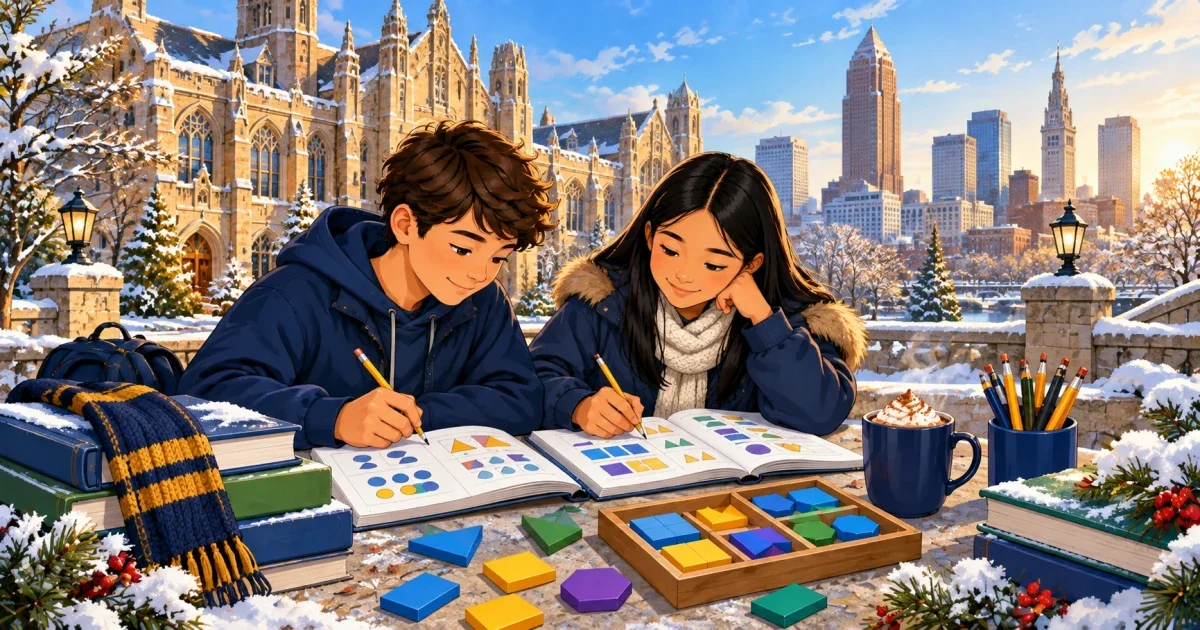 Flat illustration of a student studying at a desk with HSPT prep materials and a Cleveland skyline in the background