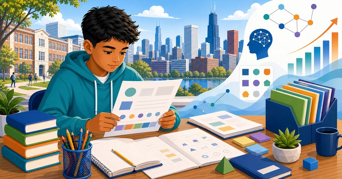 Flat illustration of a student studying HSPT prep materials at a desk with Chicago skyline in the background, in bright professional blues and greens
