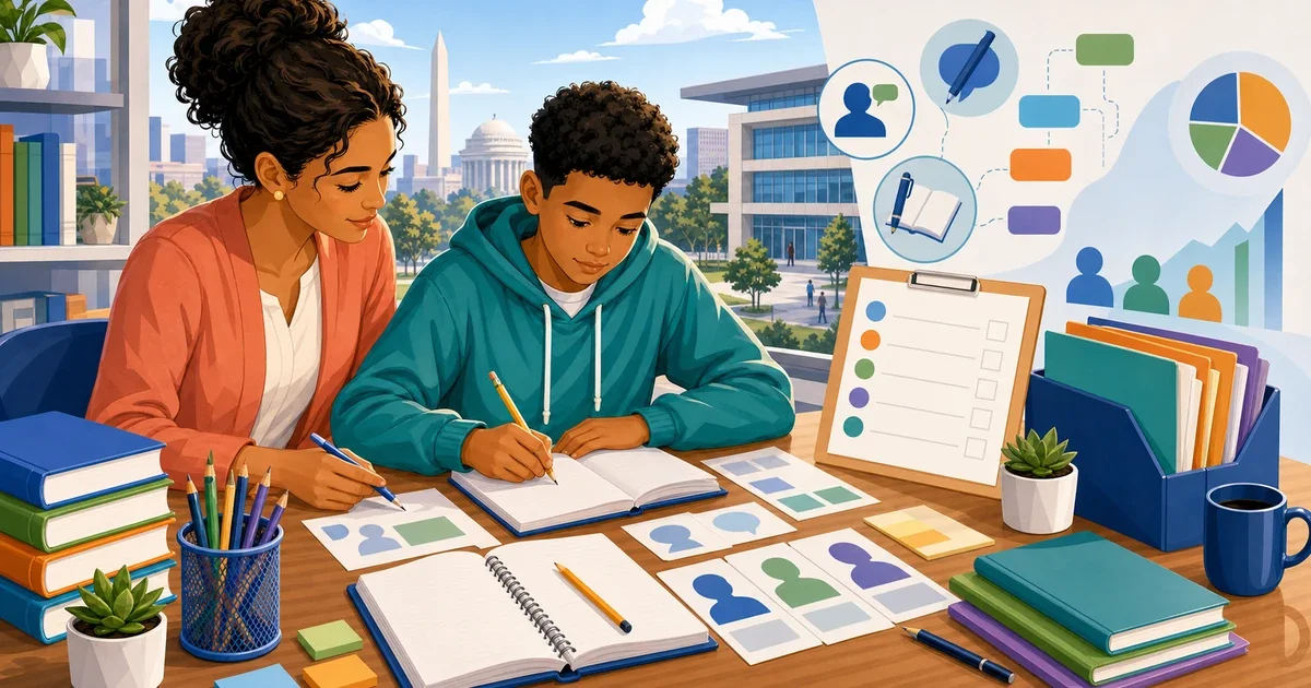 8th-grade student writing at a desk in a DC public school classroom, preparing for School Without Walls admissions