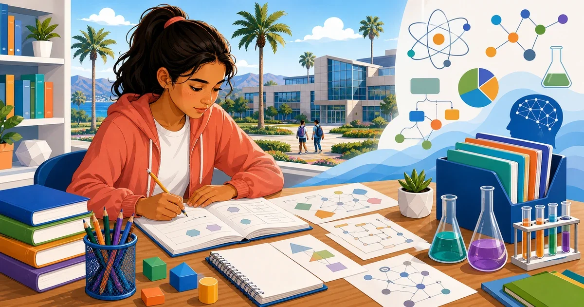 Flat illustration of a middle school student studying science diagrams at a desk with a microscope and periodic table, bright blue and green tones