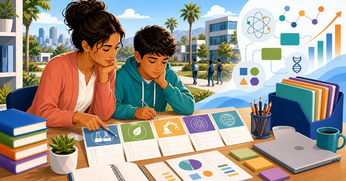 Flat illustration of a student studying science diagrams at a desk with Los Angeles skyline in the background, representing Science Academy STEM Magnet admissions preparation
