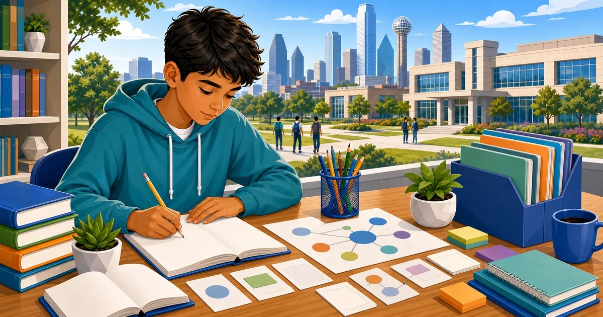 Flat illustration of a middle school student typing an expository essay on a laptop at a desk, with science and math icons in the background, representing SEM Townview admissions preparation